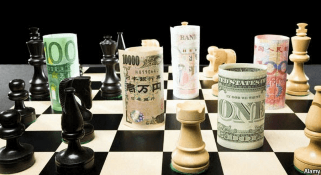 Chess board with game pieces and five different currency bills