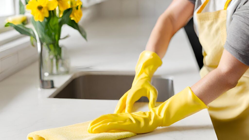 yellow gloved hands washing kitchen countertop