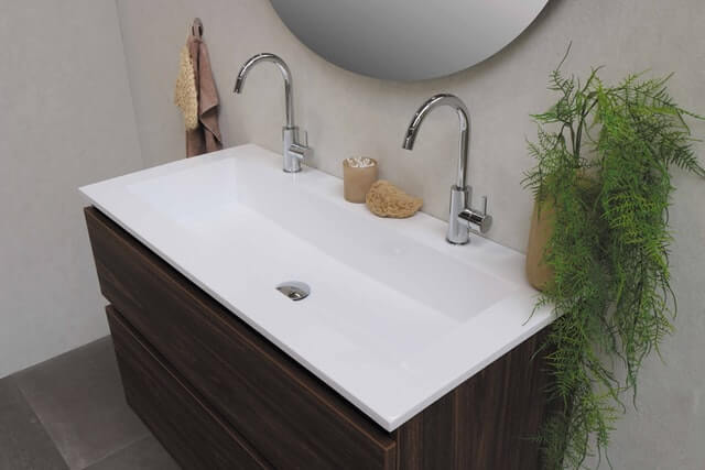 bathroom sink and counter with faux plant on countertop