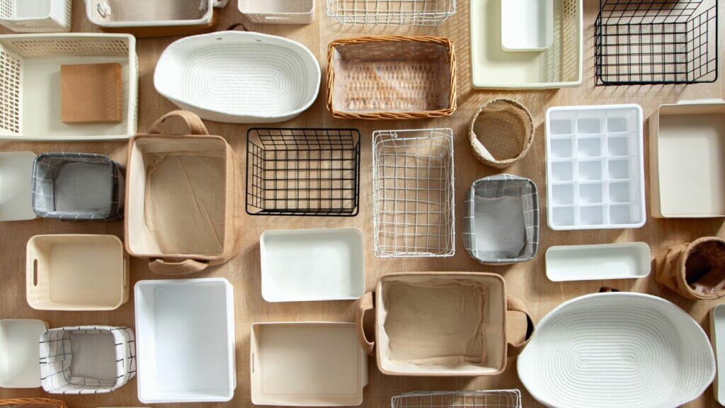 Organization bins and baskets laid out in various sizes and shapes.
