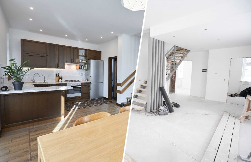 before and after image of a home undergoing renovations 