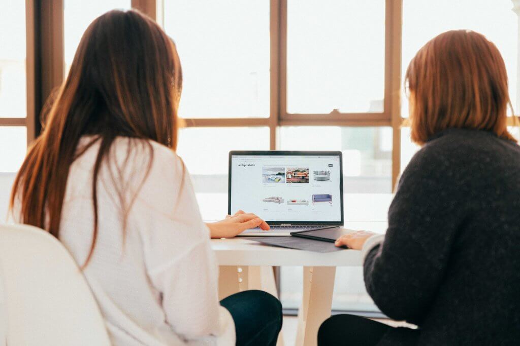 Two women looking at a laptop open screen at an office table