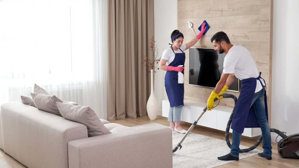 Airbnb cleaning service team vacuuming rug in living area and sanitizing the walls. 