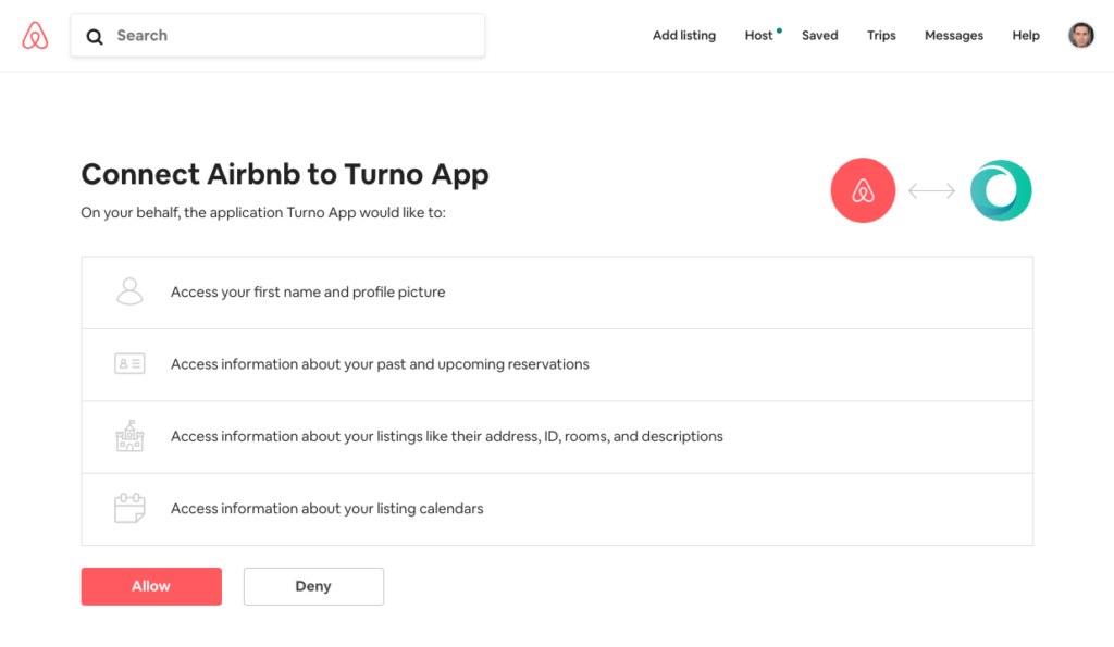 Airbnb dashboard of how to connect to the Turno app