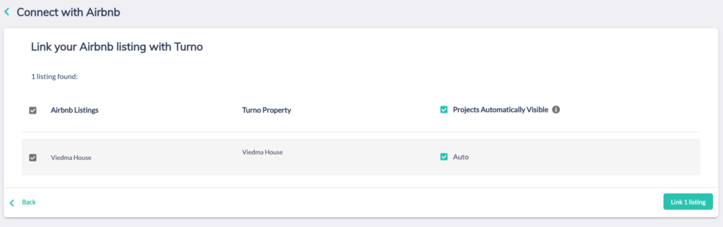 turno, in app, dashboard of connecting Airbnb account to turno