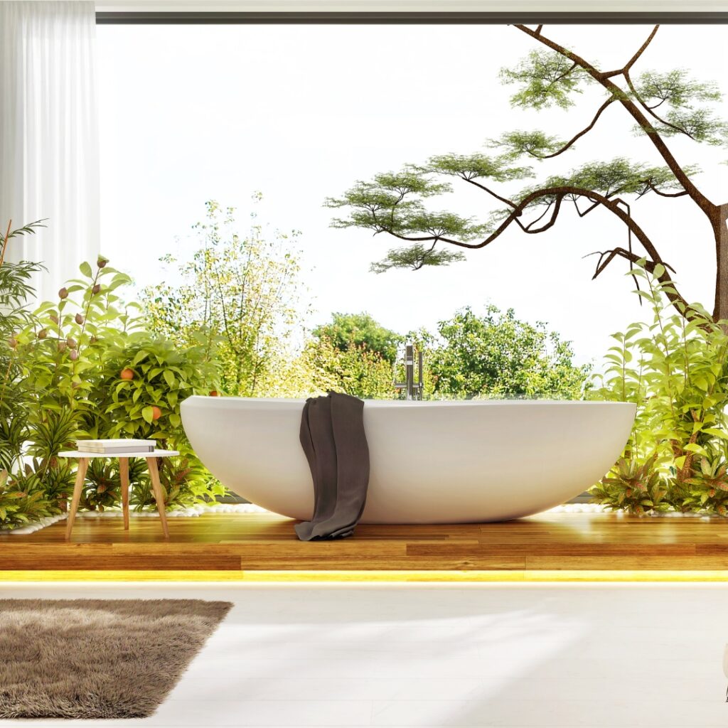 spa bathtub with a japanese inspired garden behind it