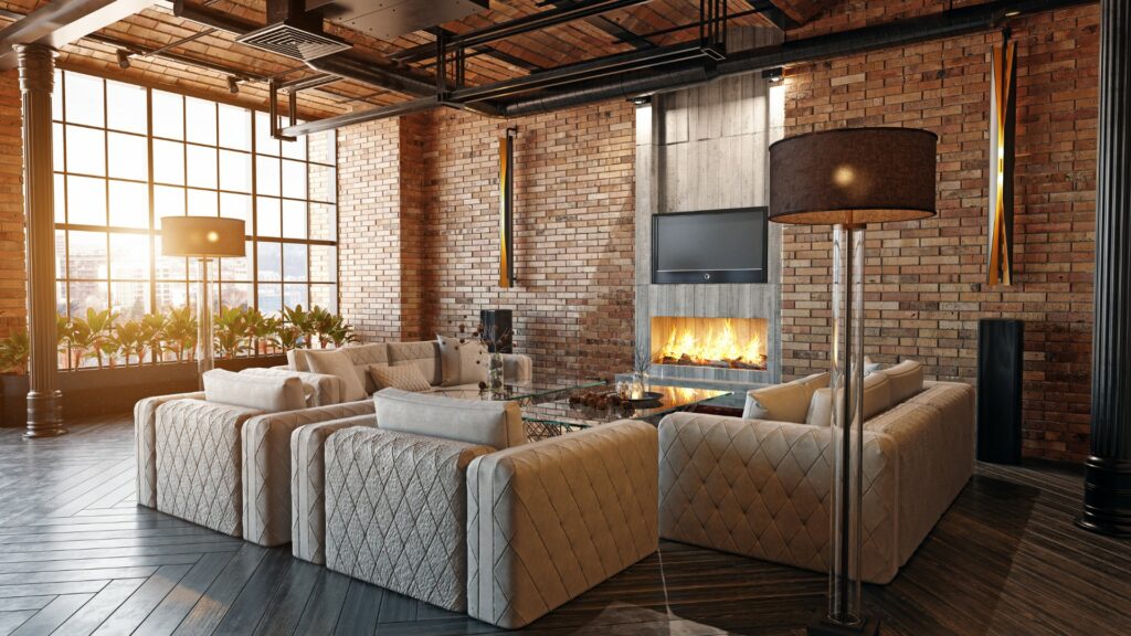 vacation rental loft with lit fireplace in the living room