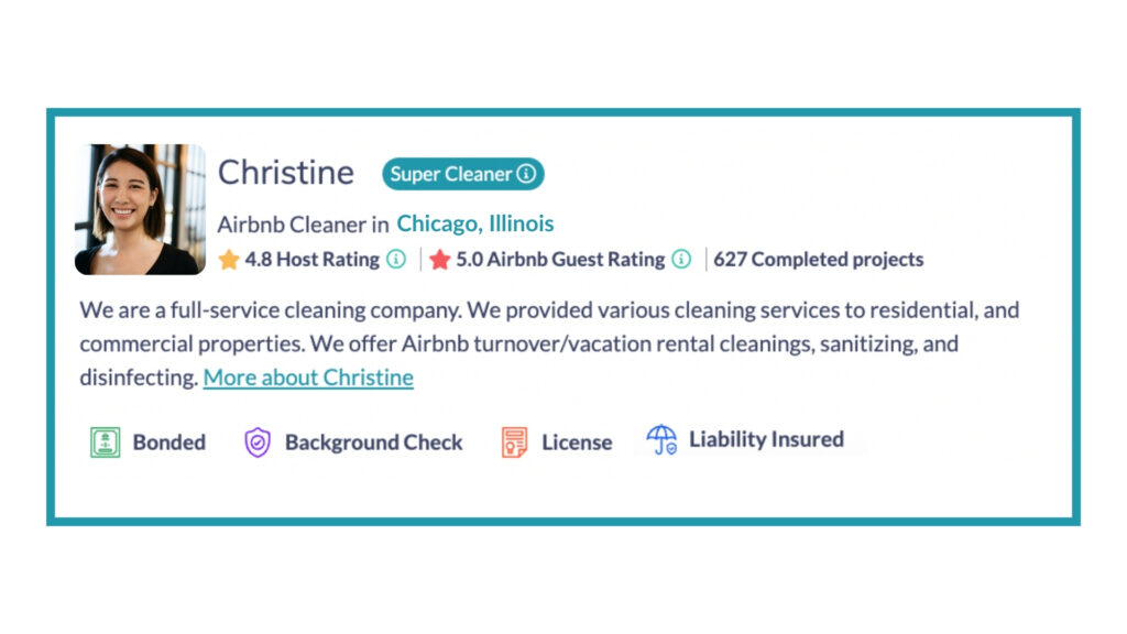 Professional Airbnb cleaner profile on Turno