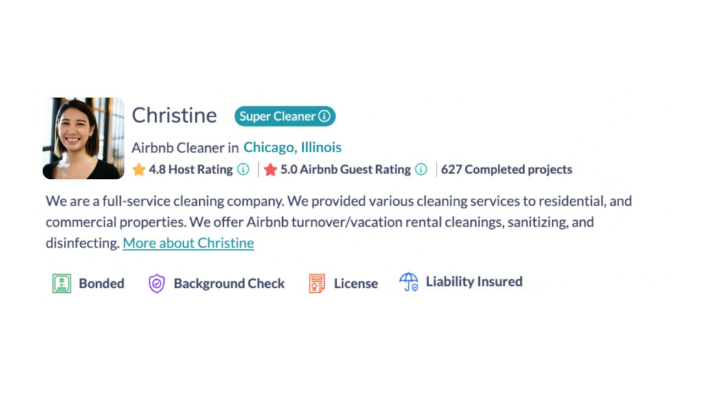 Airbnb cleaner profile on Turno