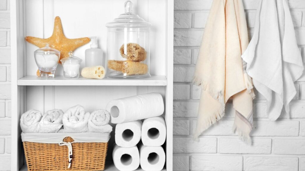 airbnb bathroom essentials such as toilet paper, sponges, and towels